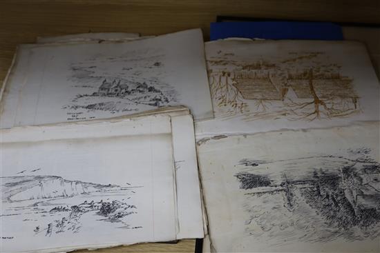 Rowland Langmaid, etching, The Cutty Sark, signed in pencil, 30 x 20cm and sundry unframed prints and drawings